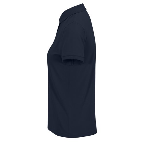 Navy blue women's polo shirt made of cotton blend with short sleeves.