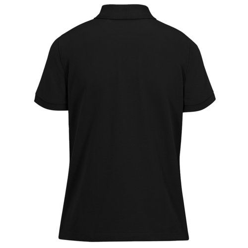 Black women's polo shirt made of recycled polyester and cotton with short sleeves.