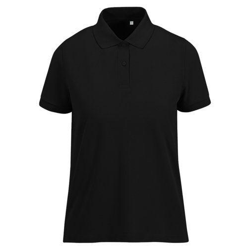 Black polo shirt made of recycled polyester and cotton for women.