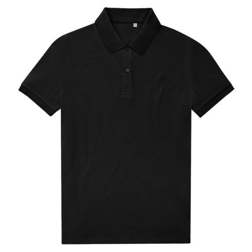 Black women's polo shirt made from recycled polyester and cotton.