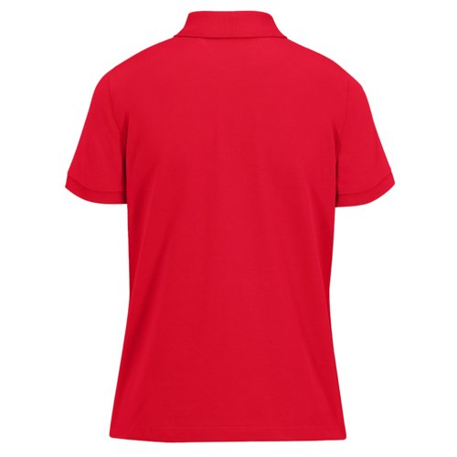 Red polo shirt made of recycled polyester and cotton for women.