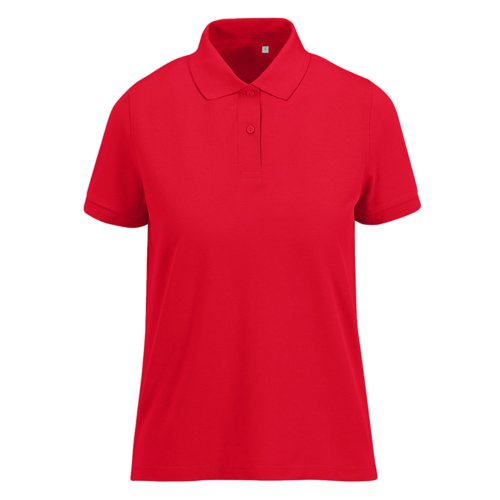 Red women's polo shirt made of recycled polyester-cotton blend.