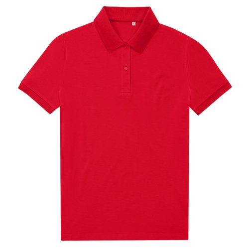 Red polo shirt made from recycled polyester-cotton blend, women's model.