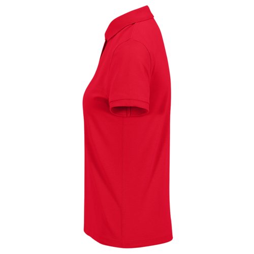 Red women's polo shirt made from recycled polyester and cotton.