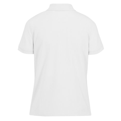 White polo shirt made of recycled polyester and cotton, women's fit.