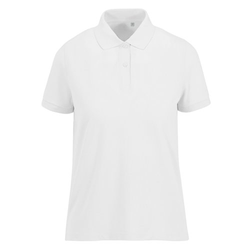 White women's polo shirt made of recycled polyester and cotton with short sleeves.