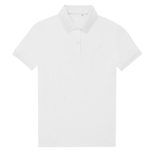 White women's polo shirt made of recycled polyester and cotton with short sleeves.