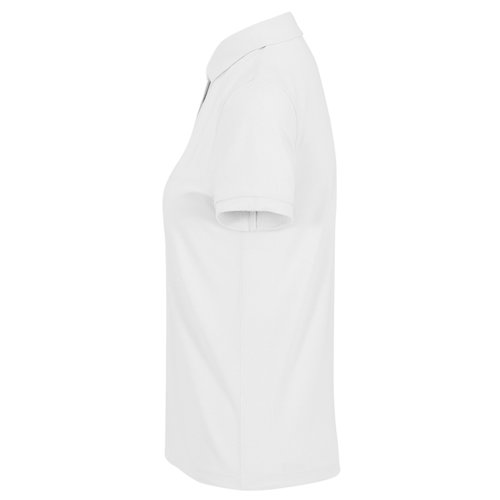 White polo shirt made of recycled polyester-cotton blend for women.