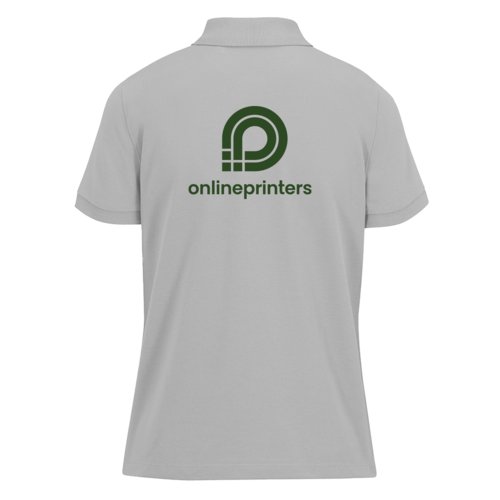 Gray women's polo shirt made of recycled polyester and cotton.