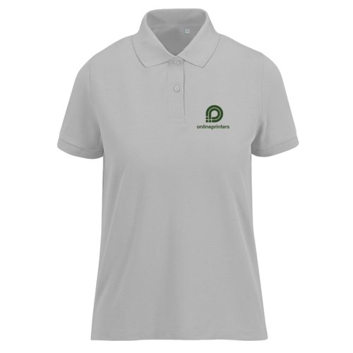 Gray women's polo shirt in breathable fabric with short button placket.
