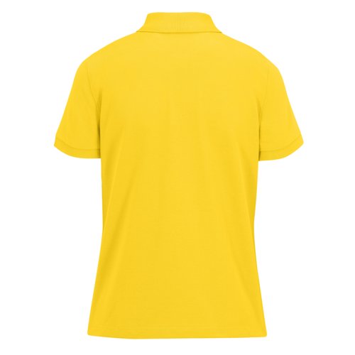 Yellow women's polo shirt made of recycled polyester and cotton with short sleeves.