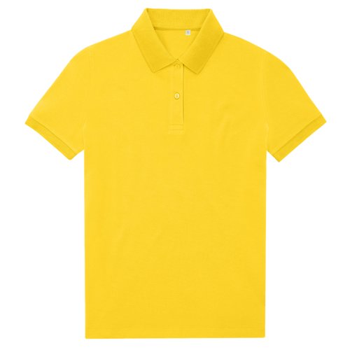 Yellow women's polo shirt made of recycled polyester and cotton.