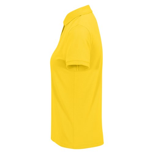 Yellow polo shirt made of recycled polyester-cotton blend for women.