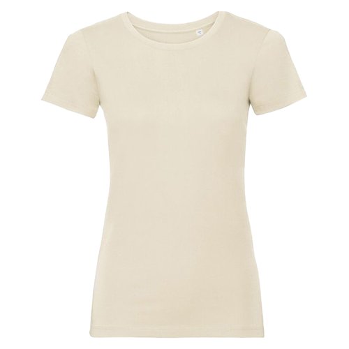 Beige cotton T-shirt for women with short sleeves.