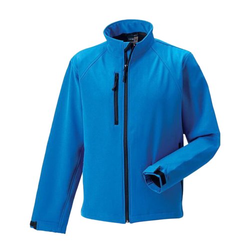 Azure blue softshell jacket made of polyester and elastane for men.