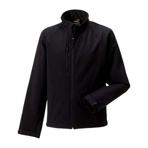 Black polyester and elastane softshell jacket for men with zipper.
