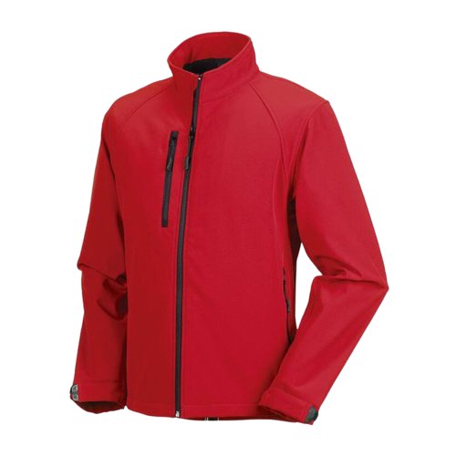Red polyester and elastane softshell jacket for men with zipper pockets.