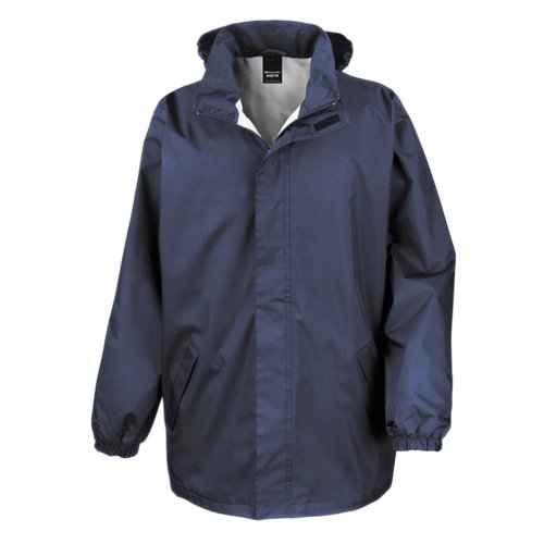 Navy blue polyester rain jacket for men with hood.