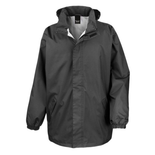 Black polyester rain jacket with hood.