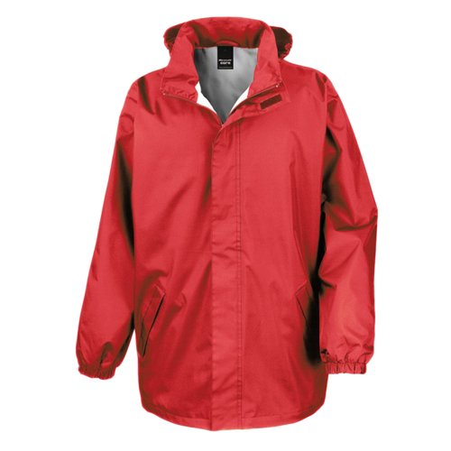 Red polyester rain jacket with hood and pockets.