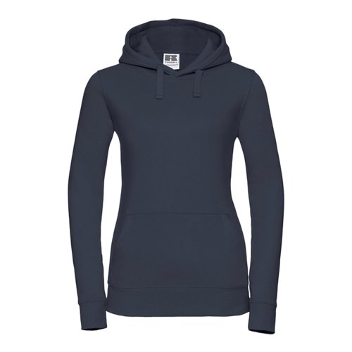Navy-blue cotton-polyester hoodie for women with hood and kangaroo pocket.