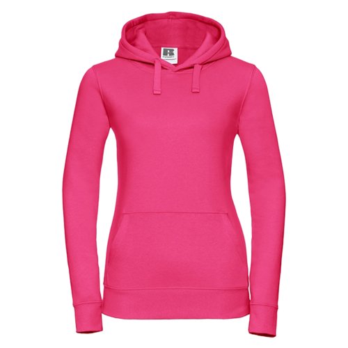 Fuchsia cotton-polyester hoodie with hood and kangaroo pocket.