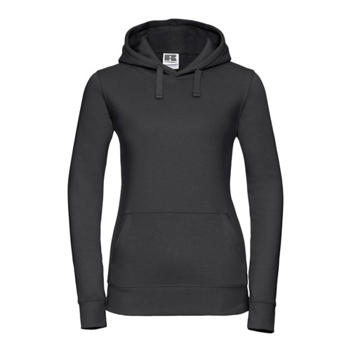 Black cotton-polyester women's hoodie with hood and kangaroo pocket.