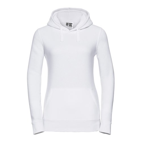 White cotton-polyester women's hoodie with hood and kangaroo pocket.