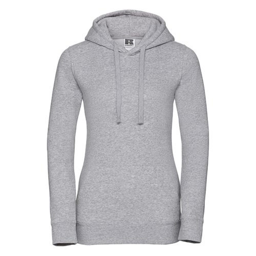 Gray cotton-polyester women's hoodie with hood and drawstring.