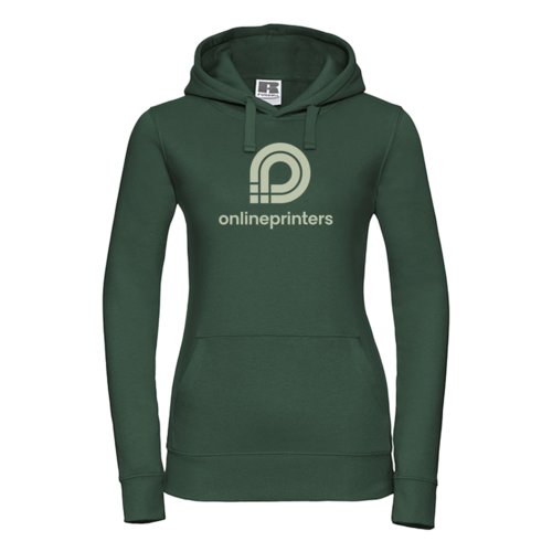 Green fabric hoodie for women with hood and kangaroo pocket.