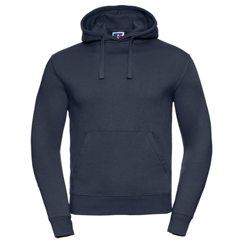 Navy blue cotton-polyester hoodie with hood and kangaroo pocket.