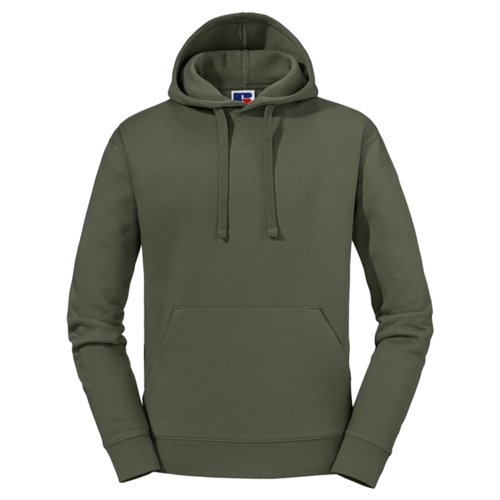 Olive green cotton-polyester hoodie with drawstring and kangaroo pocket.