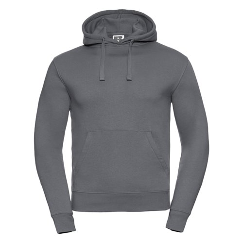 Dark gray cotton-polyester hoodie with hood and kangaroo pocket.