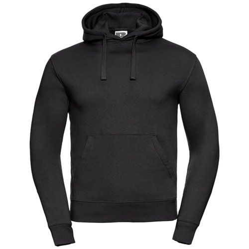 Black cotton-polyester men's hoodie with hood and kangaroo pocket.