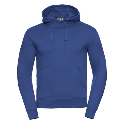 Blue cotton-polyester hoodie for men with hood and kangaroo pocket.