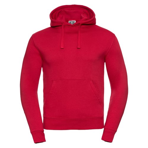 Red cotton-polyester hoodie for men with drawstring and kangaroo pocket.