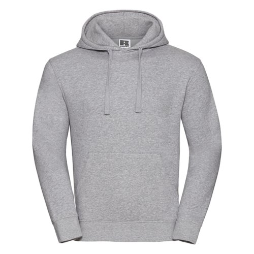 Gray cotton-polyester hoodie with hood and kangaroo pocket.