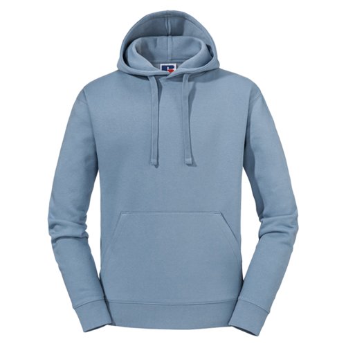 Light blue cotton-polyester hoodie with hood and kangaroo pocket.