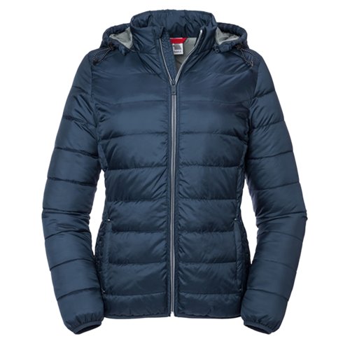 Navy blue women's quilted jacket made of polyester with hood.