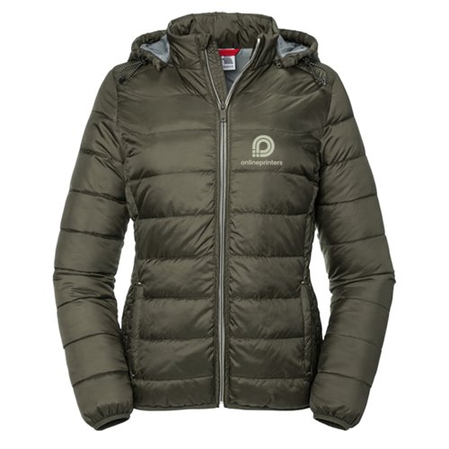 Green quilted jacket for women with hood and full zip.