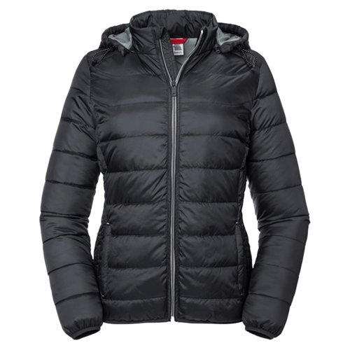 Black polyester quilted jacket for women with hood.