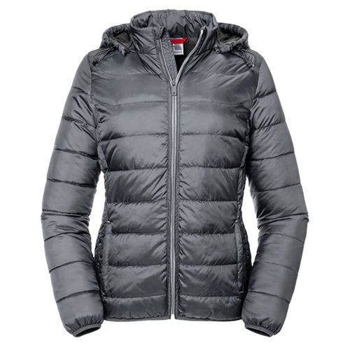 Gray polyester puffer jacket with hood and full zipper.