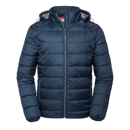 Navy blue polyester quilted jacket with hood for men.