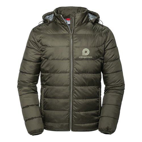 Green quilted jacket in lightweight material with hood for men.