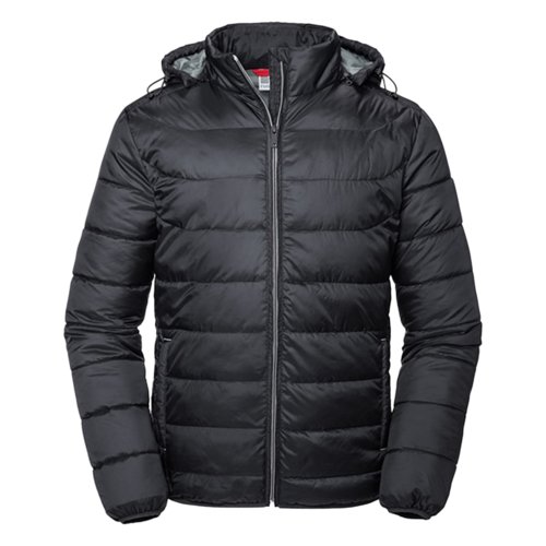 Black polyester padded jacket with hood.