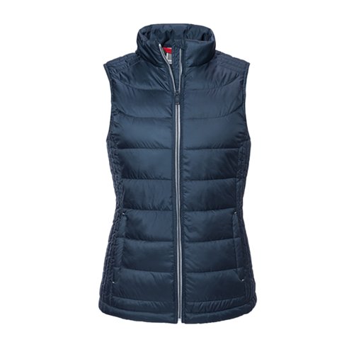 Navy blue polyester quilted vest for women with full zipper.