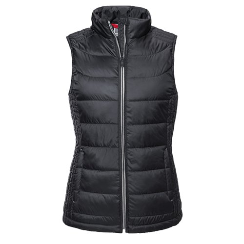Black quilted vest in polyester for women with full zipper.