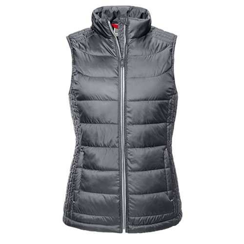Gray polyester quilted vest with full zipper.