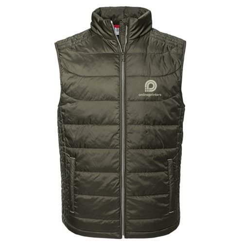 Olive quilted vest in lightweight material with full zip for men.