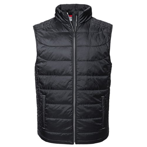 Black polyester quilted vest with full zipper.